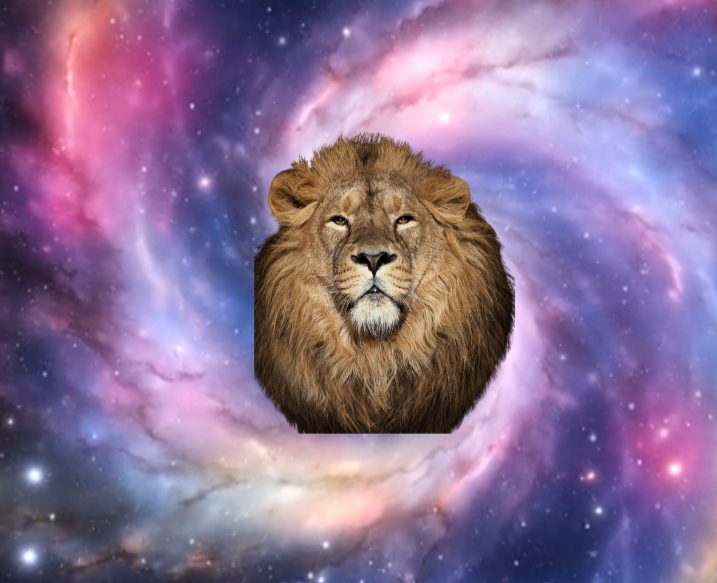 A majestic lion stands with regal poise in a mystical archway, framed by swirling galaxies and cosmic light, embodying the awe of astral kingdoms.