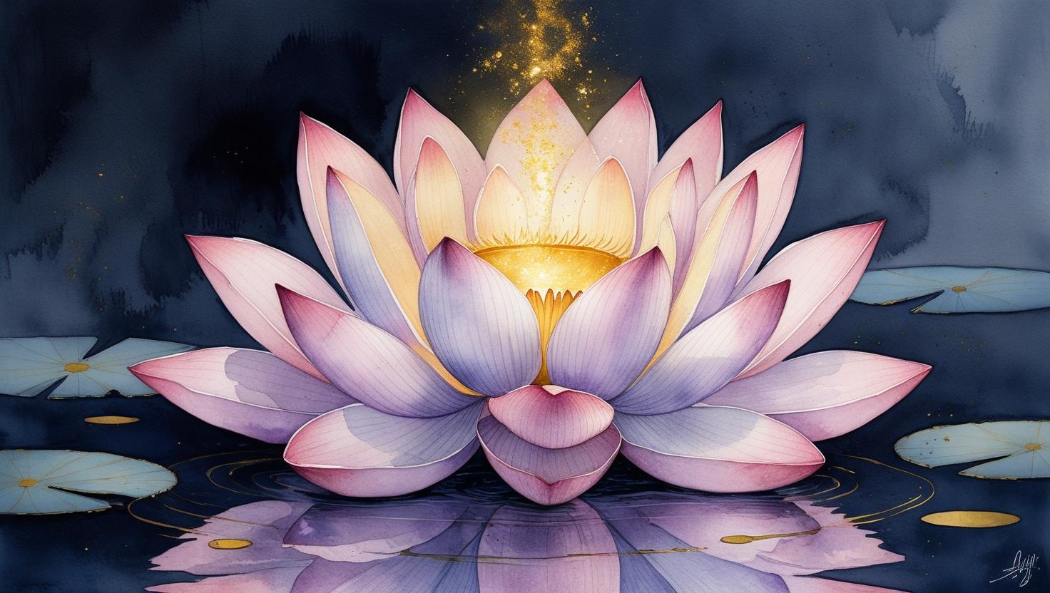 A blossoming lotus flower with light eminating from its center